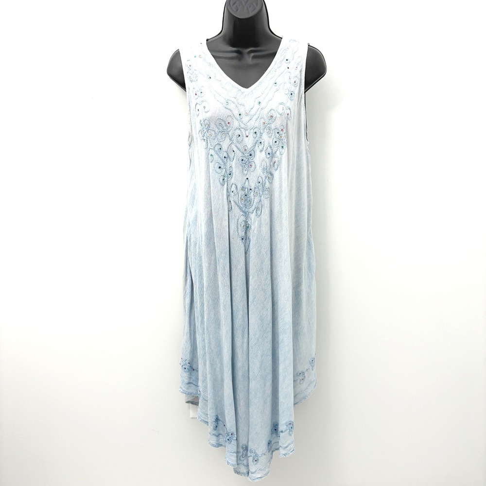 Vintage Sleeveless Embroidered Rhinestone Acid Wash Midi Dress Blue One Size